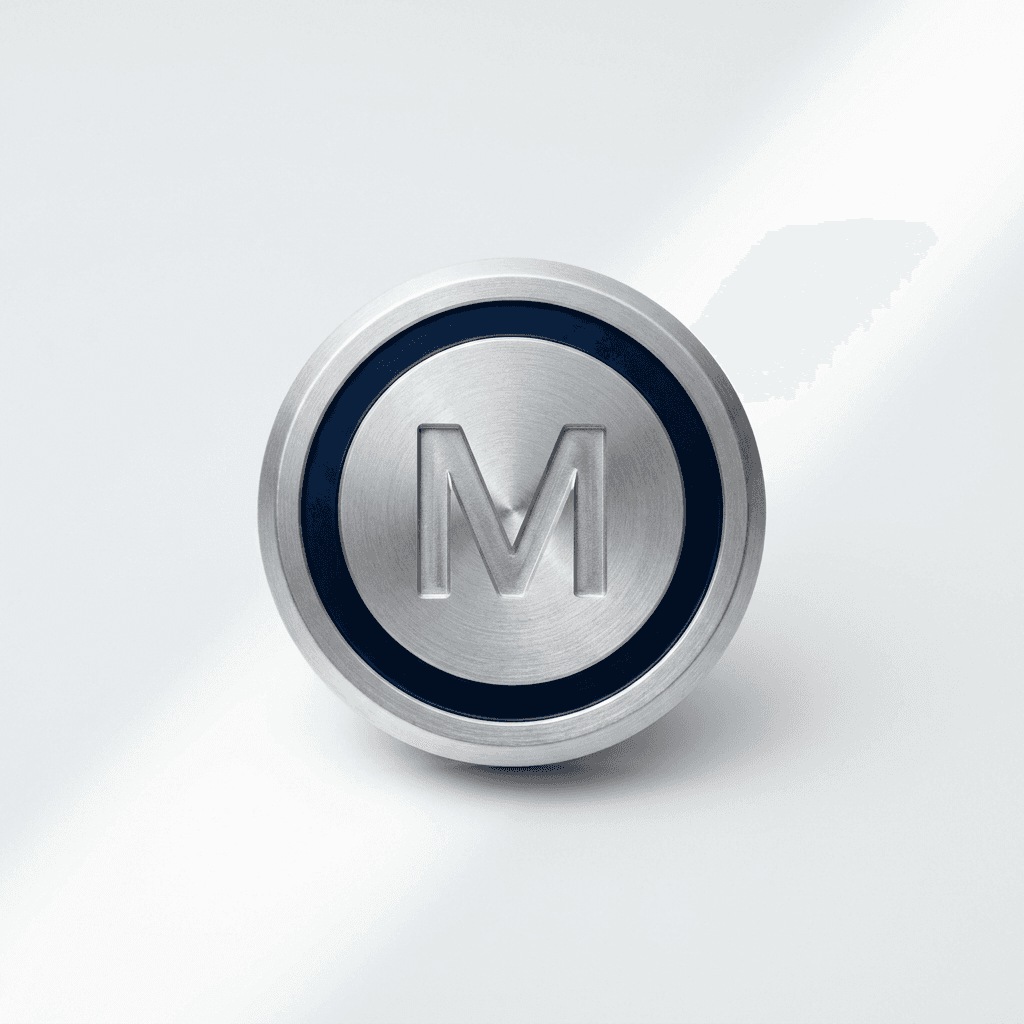 Machined aluminum MakoBytes house mark — a brushed metal badge engraved with the letter M and a navy anodized ring