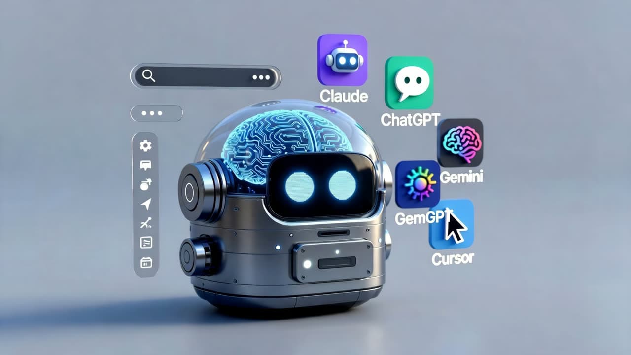 MakoBot — the little robot with a glowing circuit brain, surrounded by the AI tools it gives shared memory to