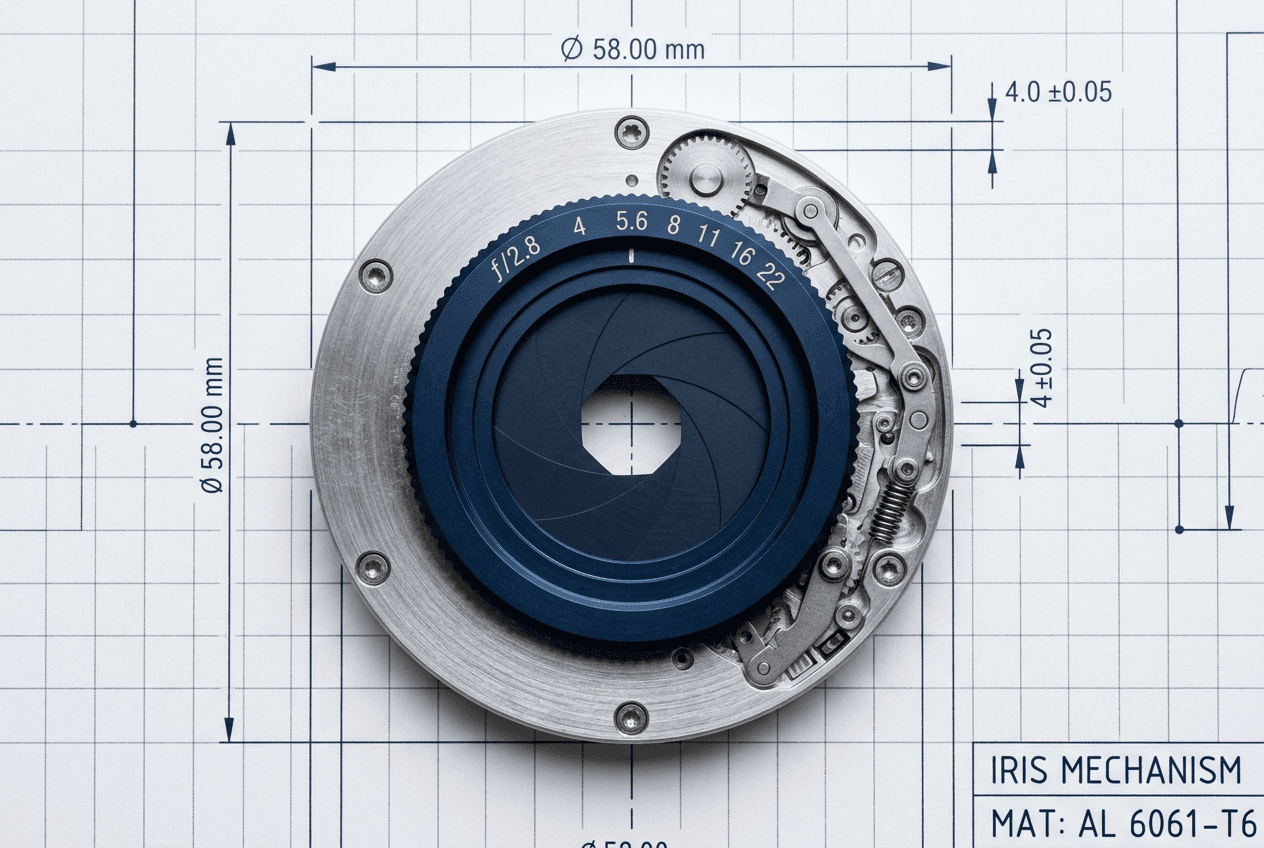 Precision camera aperture machined from brushed aluminum with a navy anodized iris, photographed on an engineering drawing