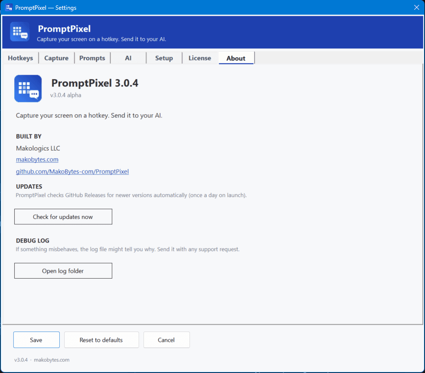 Settings — About tab with version, links, and updater controls