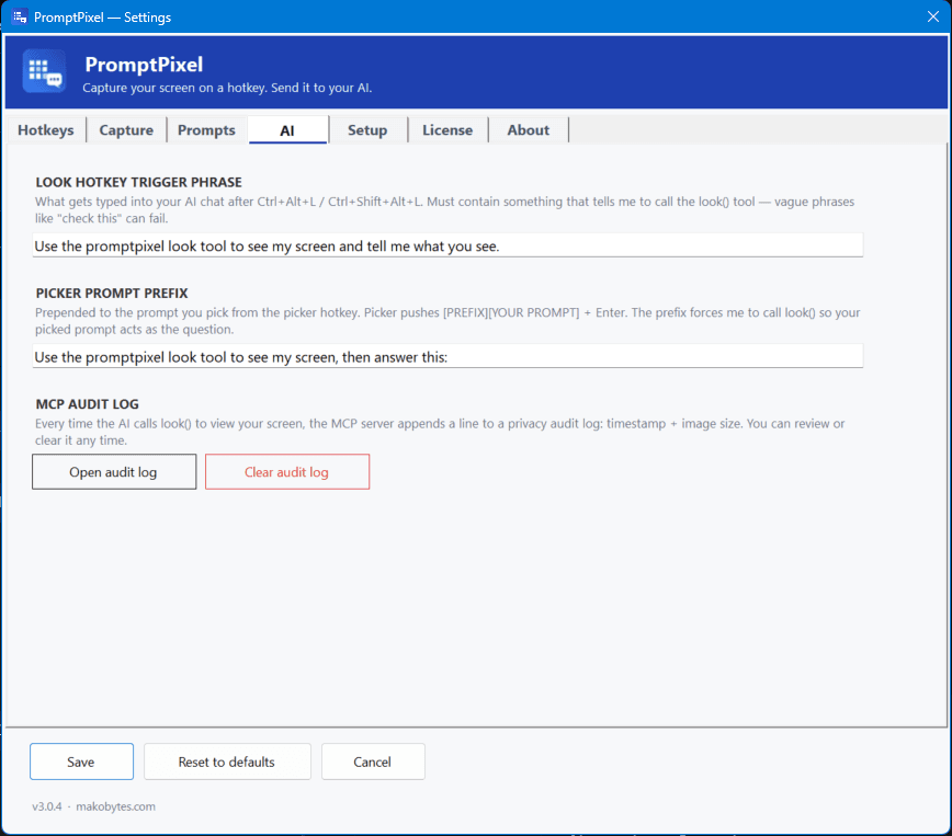 Settings — AI tab with trigger phrase fields and the MCP audit log