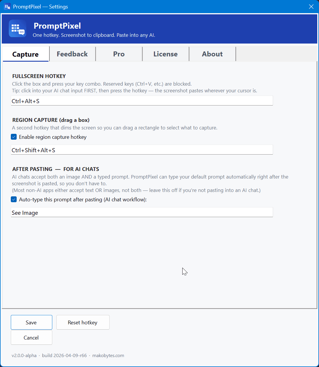 Capture settings — fullscreen and region hotkeys