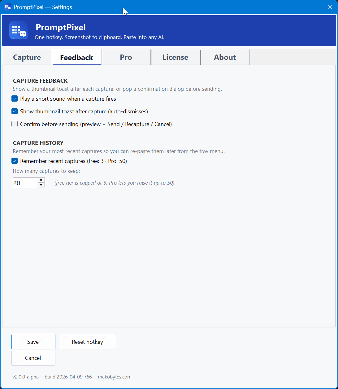 Feedback settings — sound, toast, capture history