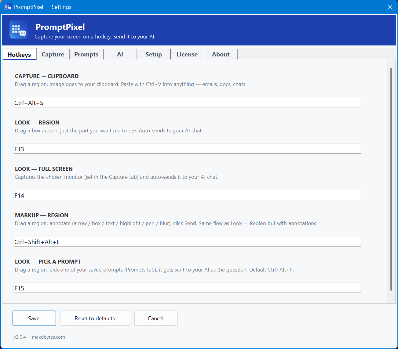 Settings — Hotkeys tab with all five configurable hotkey rows