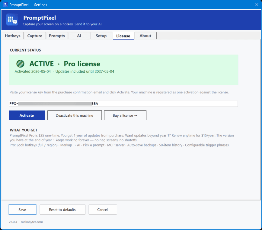 Settings — License tab with green ACTIVE Pro license banner