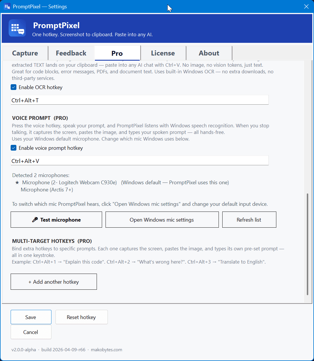 Pro tab — Multi-target hotkeys for pre-set prompts