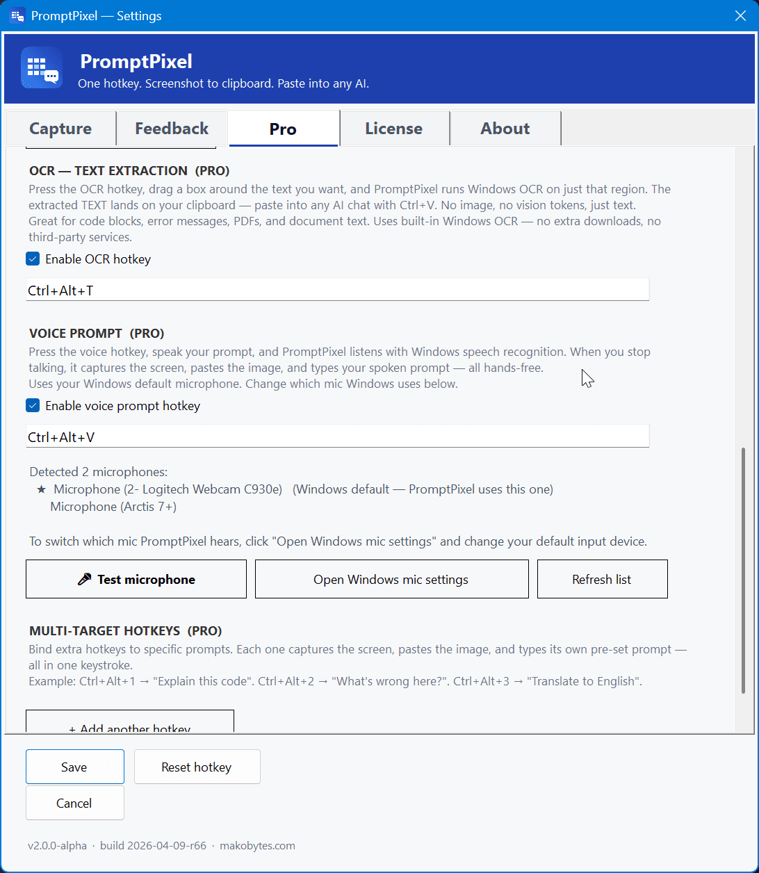 Pro tab — OCR text extraction and voice prompt features