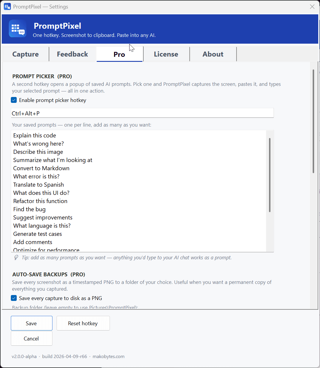 Pro tab — Prompt Picker with saved prompts list