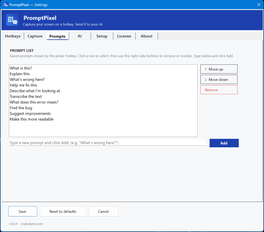 Settings — Prompts tab with a list of saved prompts and Add/Move/Remove buttons